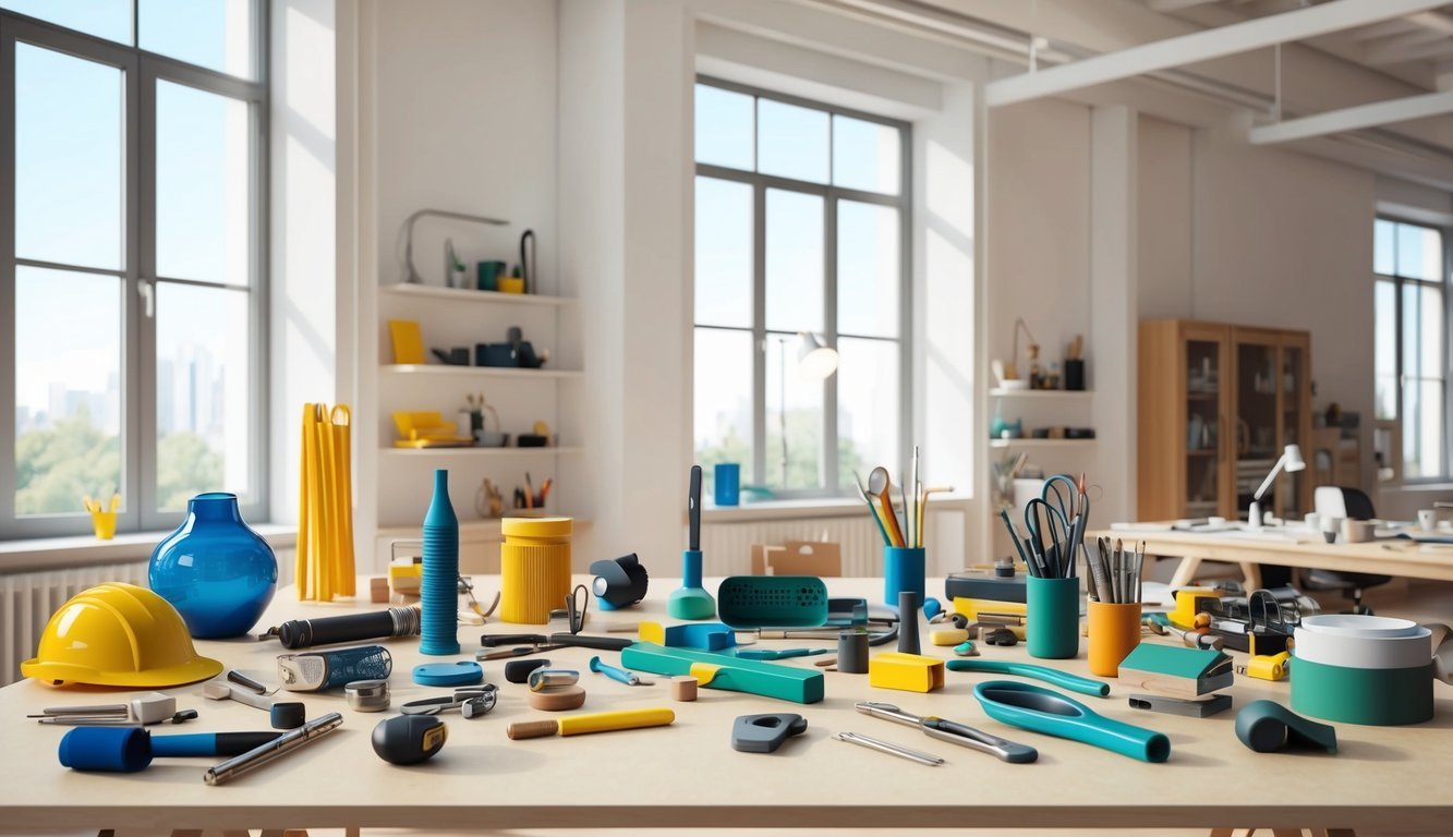 A group of diverse objects and tools scattered on a table in a bright, open space with large windows, showcasing a creative and innovative environment