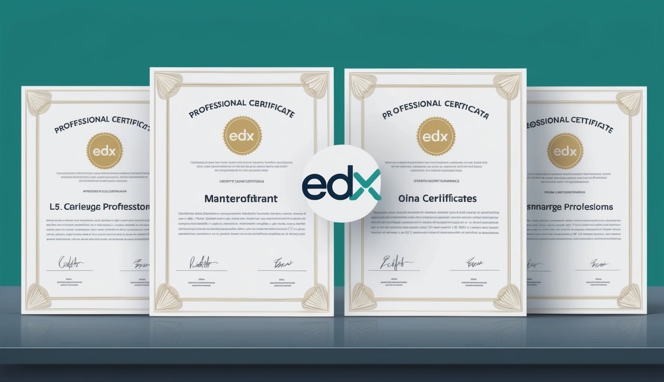 A group of four professional certificates arranged in a neat row with the edX logo displayed prominently