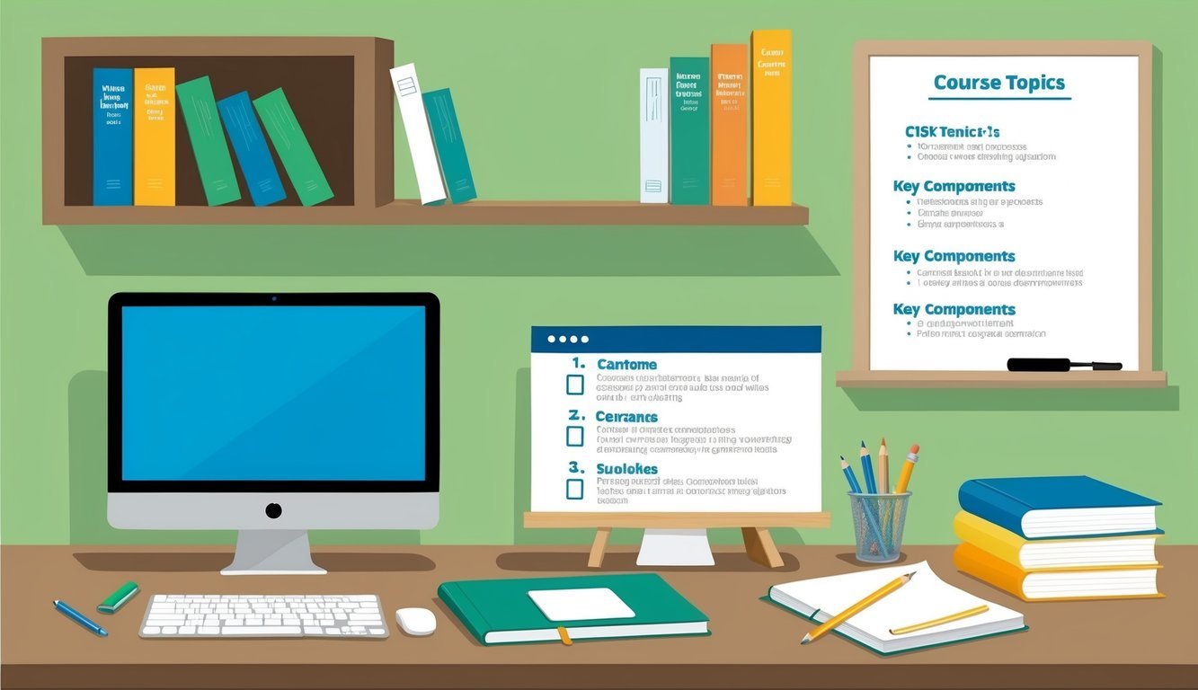 A desk with a computer, notebook, and pen.</p><p>A bookshelf with career development books.</p><p>A whiteboard with course topics and key components