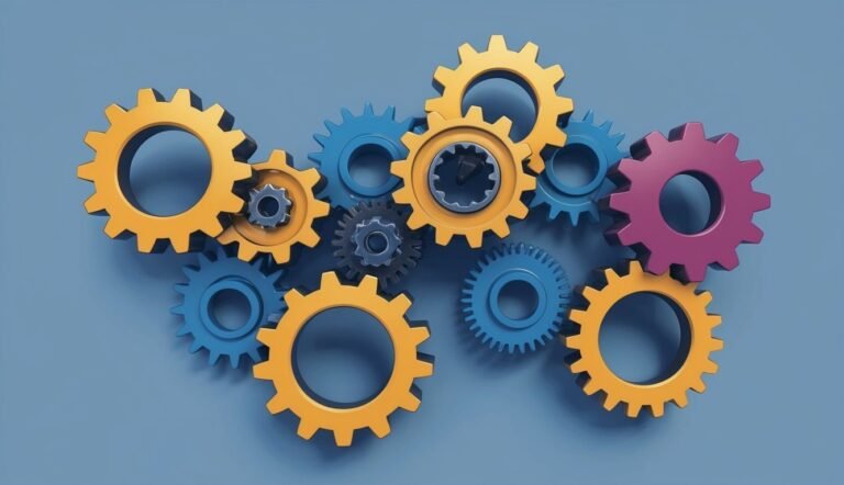 Colorful gears interlocked on a blue background, representing teamwork or mechanics