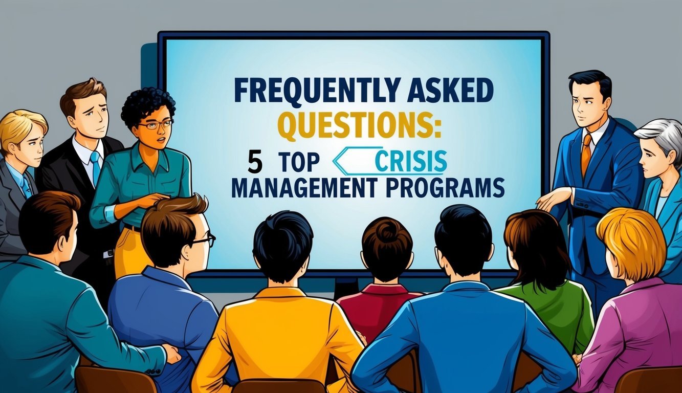 A group of people gather around a large screen displaying the title "Frequently Asked Questions: 5 Top Crisis Management Programs." A sense of urgency and concern is evident in their body language