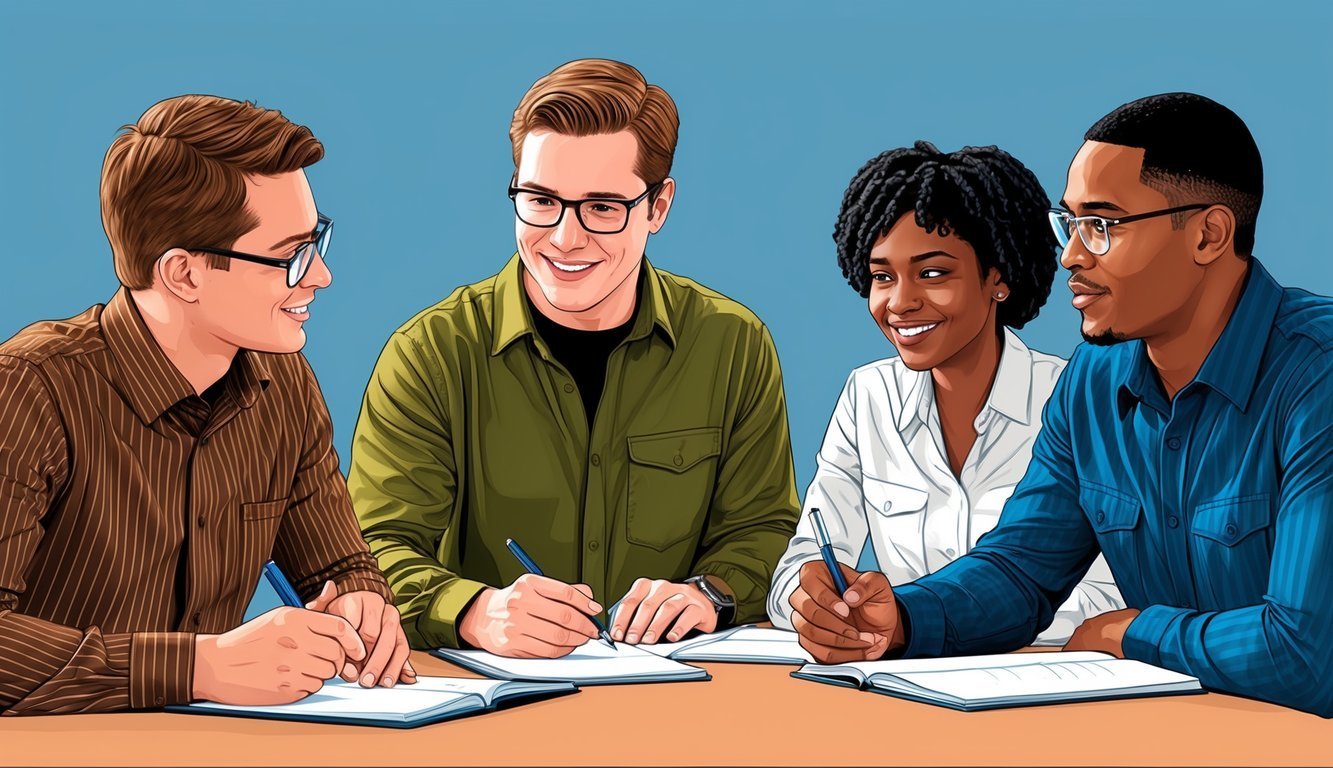 Four diverse people writing in notebooks at a table, smiling