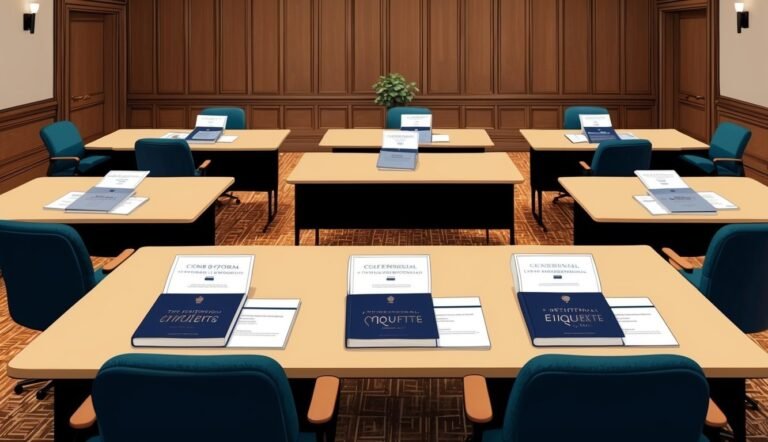 Conference room with tables, chairs, and documents on each surface