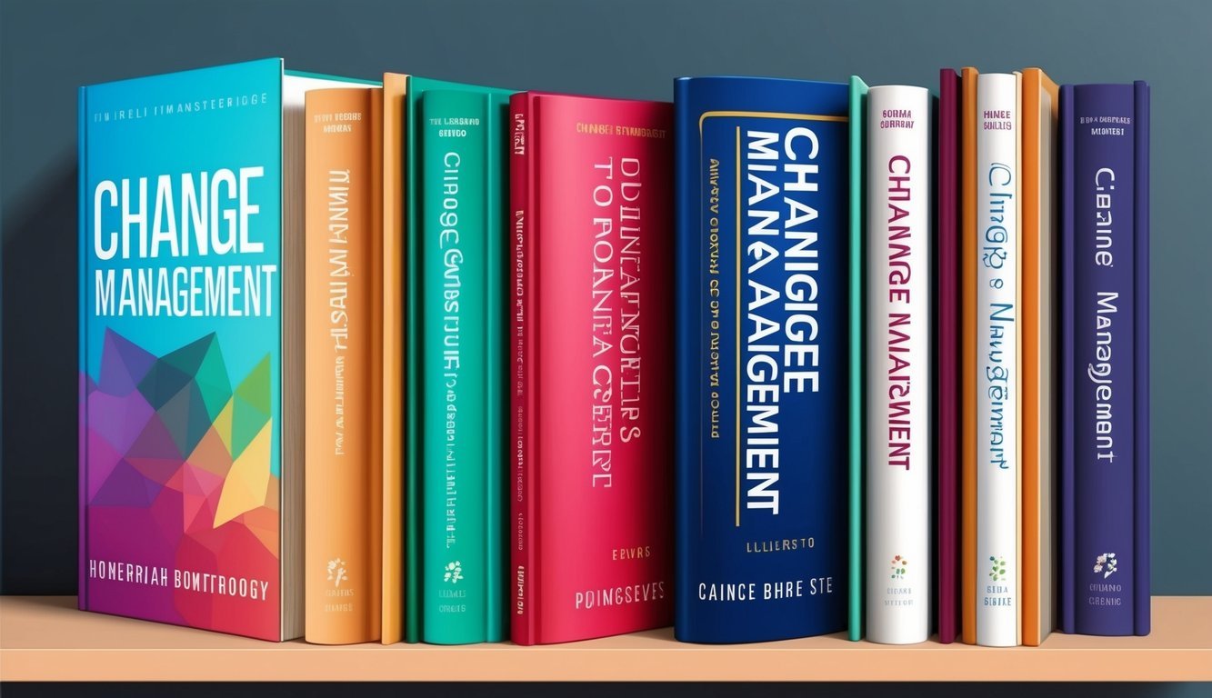 A group of seven colorful book covers with titles related to change management arranged neatly on a shelf