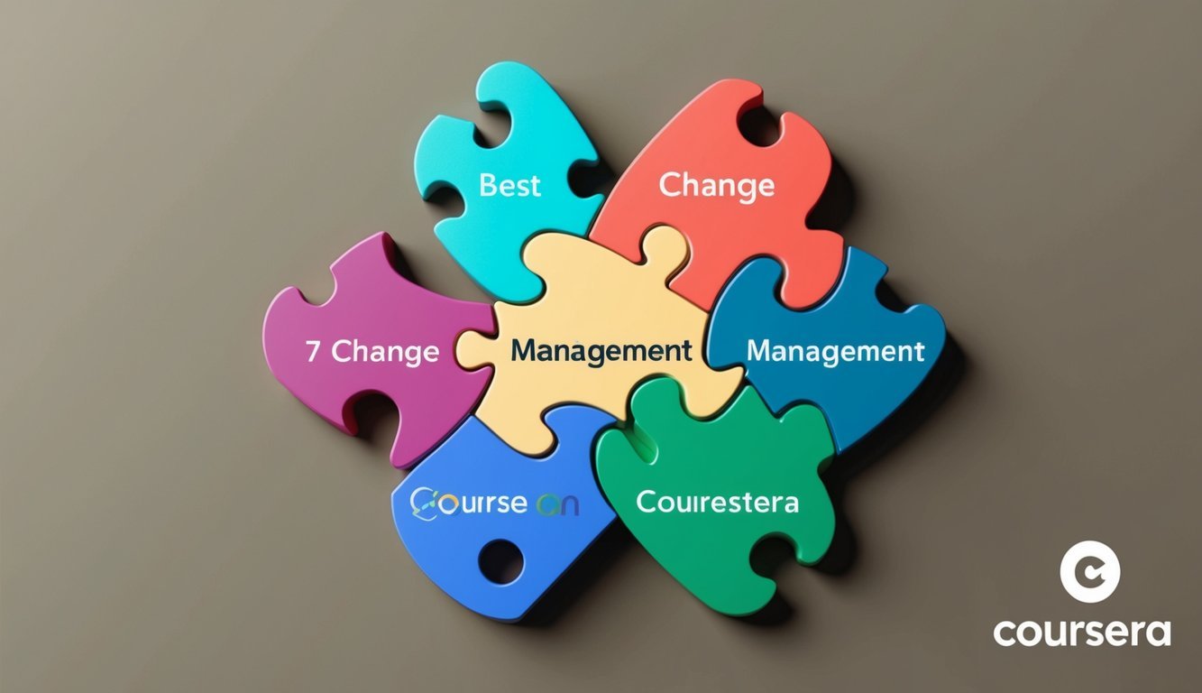 A group of seven colorful puzzle pieces coming together to form a cohesive whole, representing the 7 best change management courses offered on Coursera