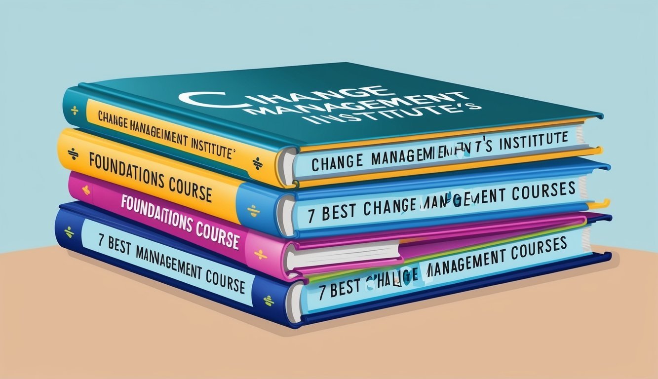 A group of seven colorful books arranged in a neat stack, each labeled with the title "Change Management Institute's Foundations Course 7 Best change management courses."