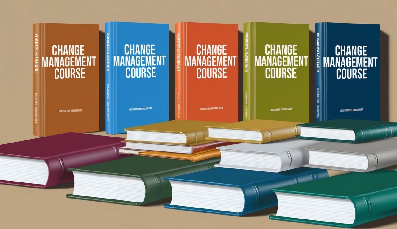 A group of seven colorful books arranged in a neat stack, each one titled with a different change management course