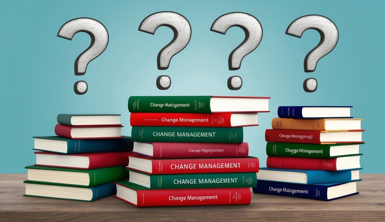 A stack of books on change management with question marks above them