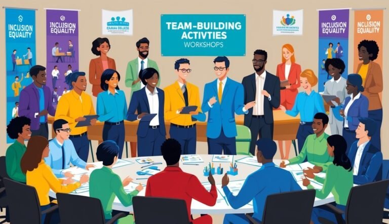 Diverse group of people in a team-building workshop, discussing ideas
