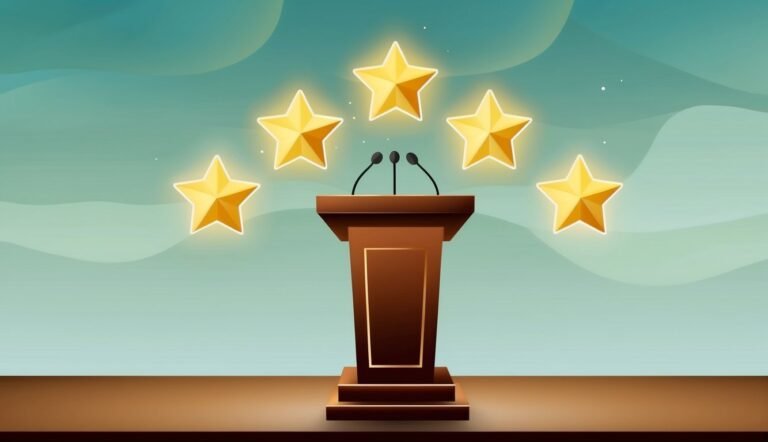Podium with microphones and five glowing stars above it