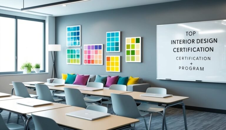 Interior design classroom with tables, colorful art, and a whiteboard