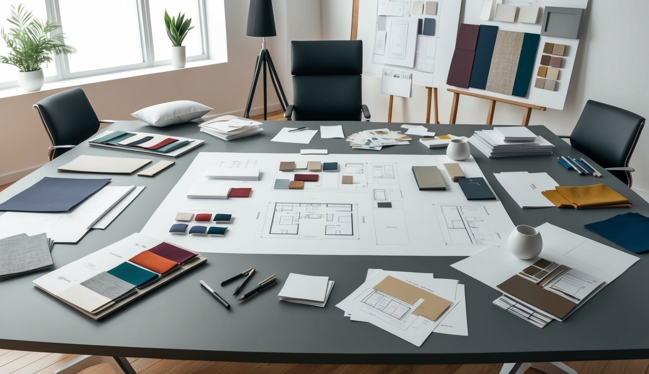 A sleek, modern interior design studio with mood boards, fabric swatches, and floor plans scattered across a large drafting table