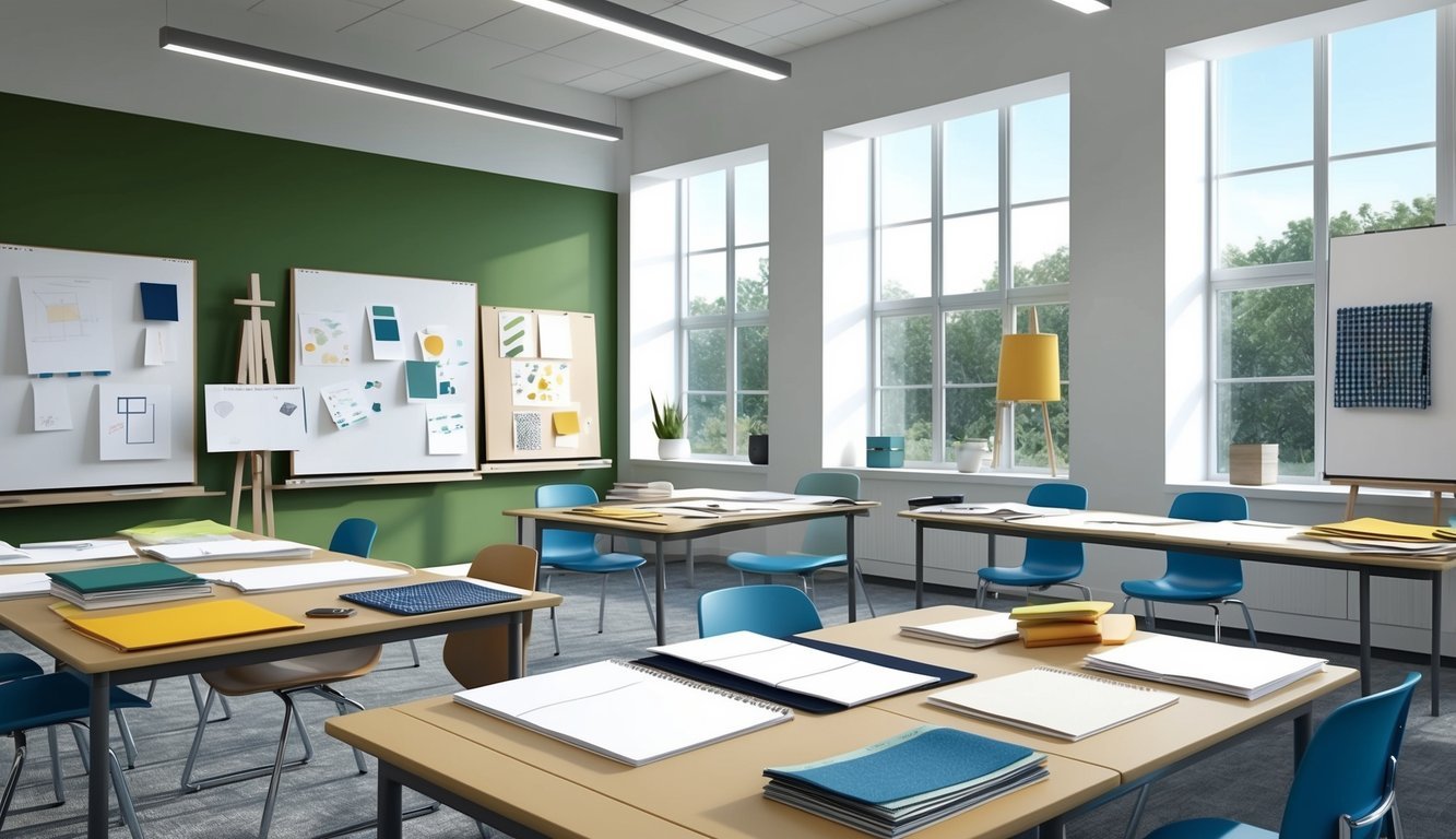 A modern classroom with design sketches, mood boards, and fabric swatches scattered on tables.</p><p>Large windows let in natural light, illuminating the space