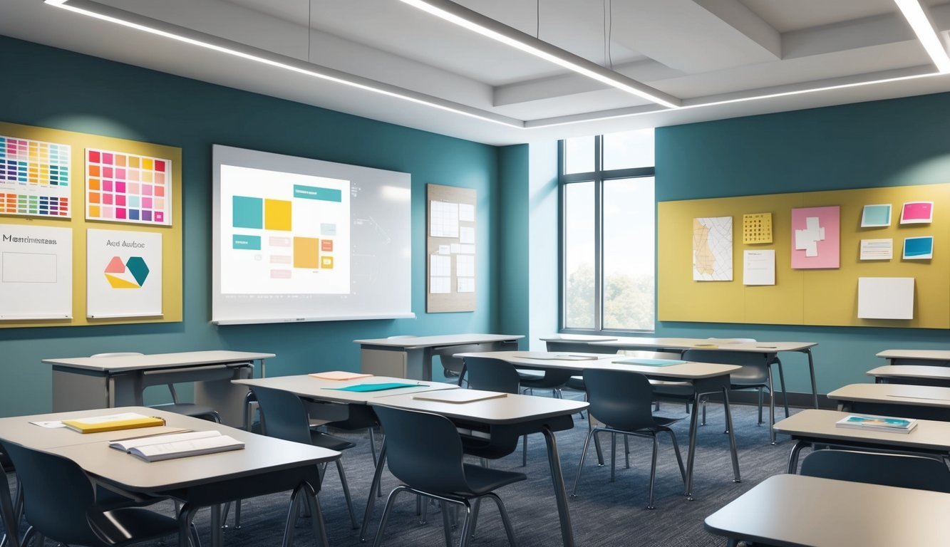 A modern, well-lit classroom with sleek furniture, mood boards, and design samples displayed on the walls