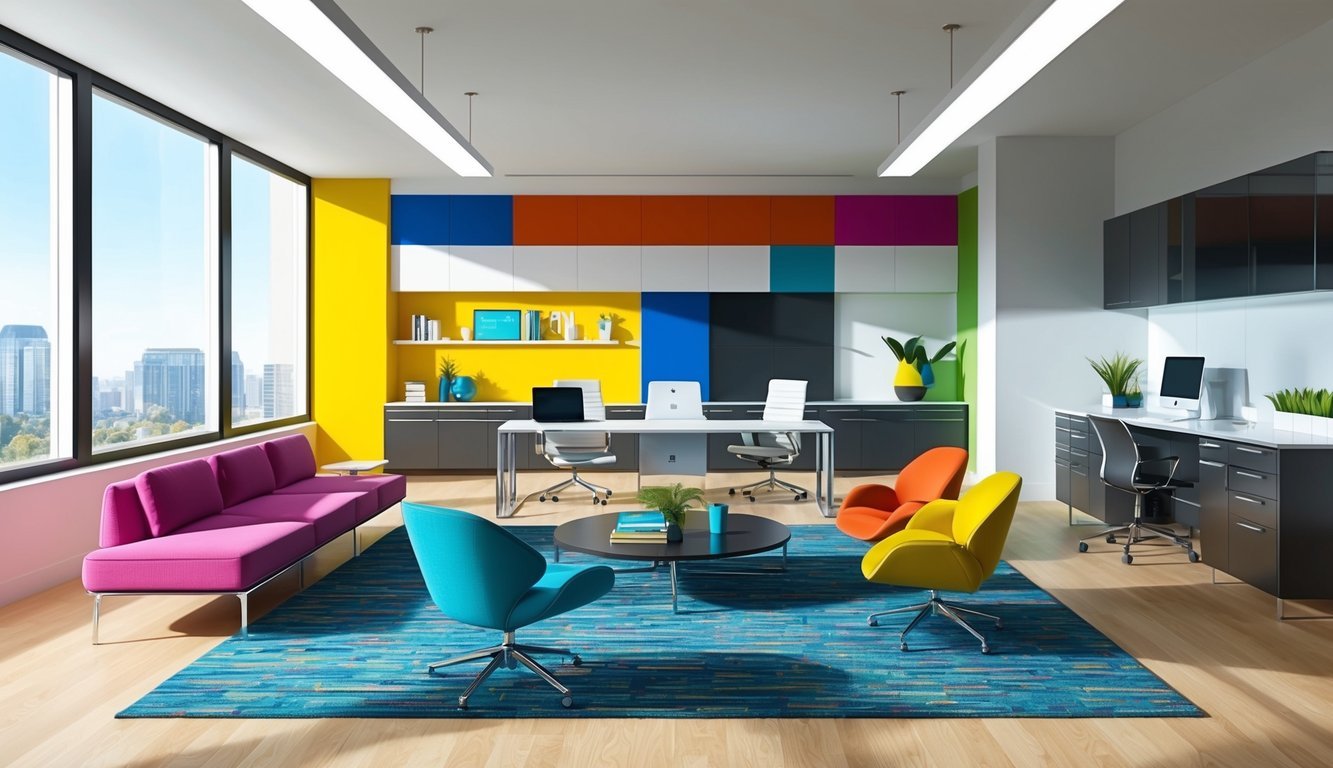 A modern office space with sleek furniture, vibrant color schemes, and stylish decor.</p><p>A large window lets in natural light, illuminating the space