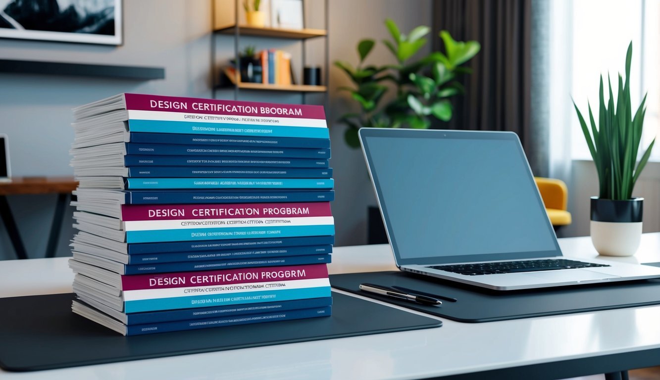 A stack of design certification program brochures on a modern desk with a laptop and stylish decor in the background