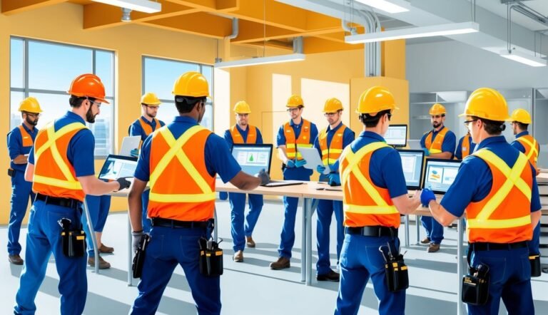 Construction workers in hard hats and vests looking at computer screens
