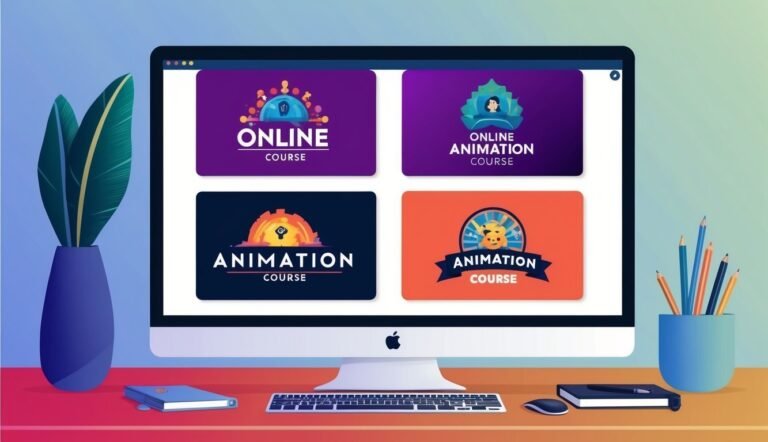 Computer screen displaying online animation course logos, with desk accessories