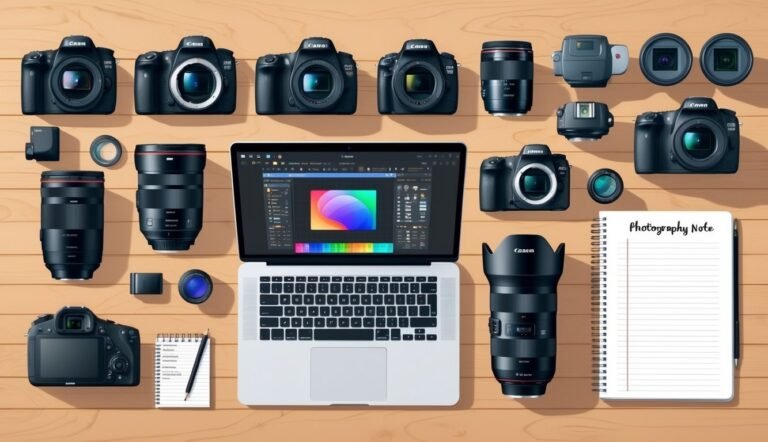 Overhead shot of cameras, lenses, laptop, and photography notes on wood