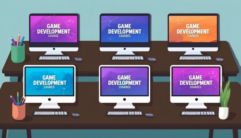 Six computers displaying "Game Development Courses" on a desk with supplies