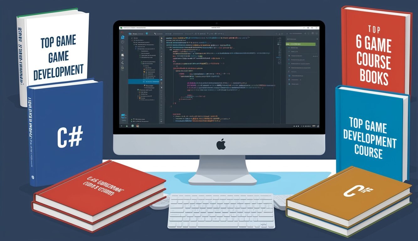 A computer screen displaying C# code for Unity game development, surrounded by six top game development course books