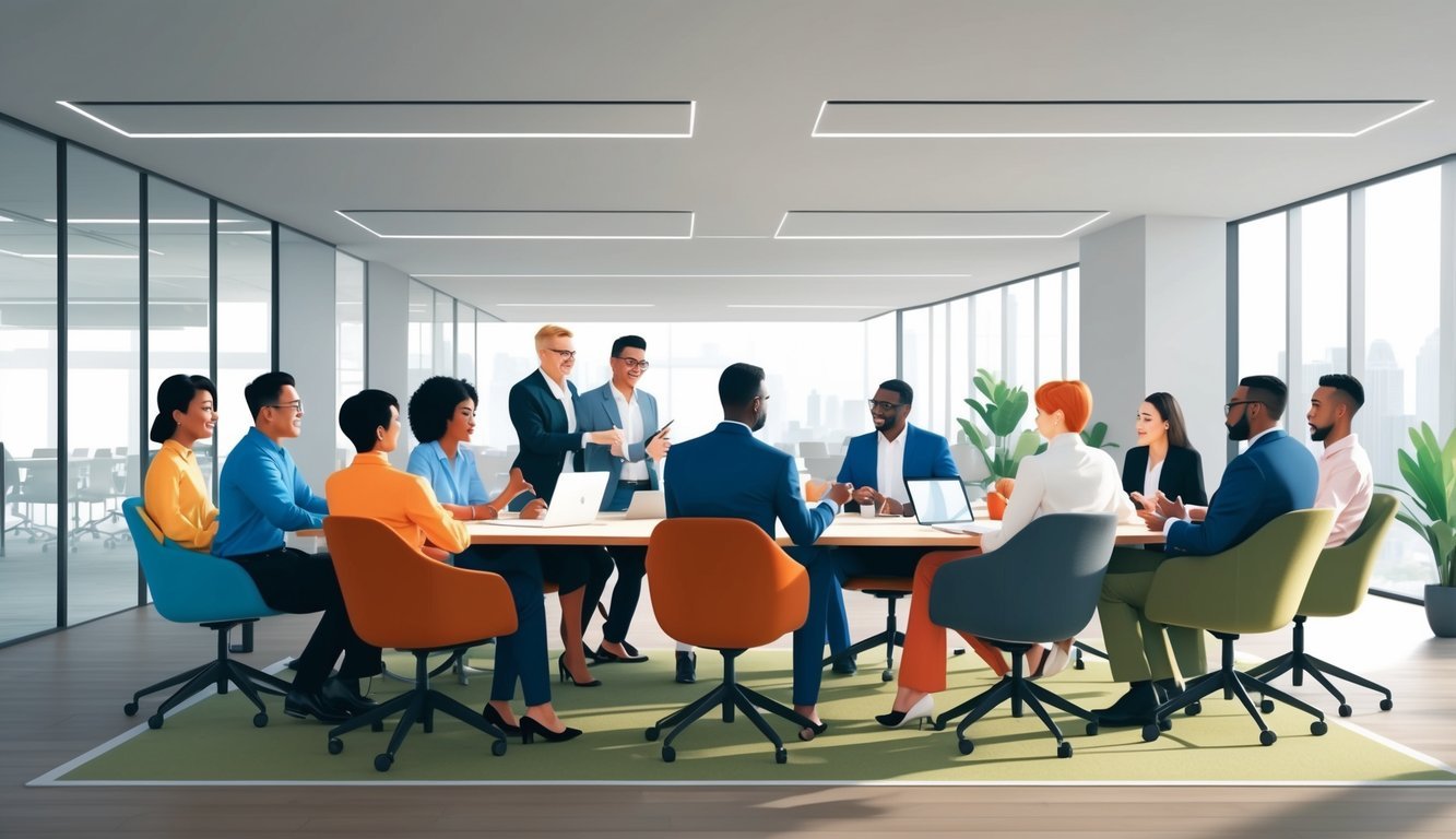 A group of diverse individuals engage in team-building activities, brainstorming, and leadership discussions in a modern, open-concept conference room