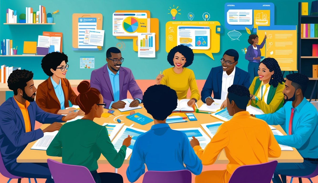 A group of diverse individuals engaged in dynamic discussions and activities, surrounded by visual aids and learning materials, in a modern and vibrant learning environment