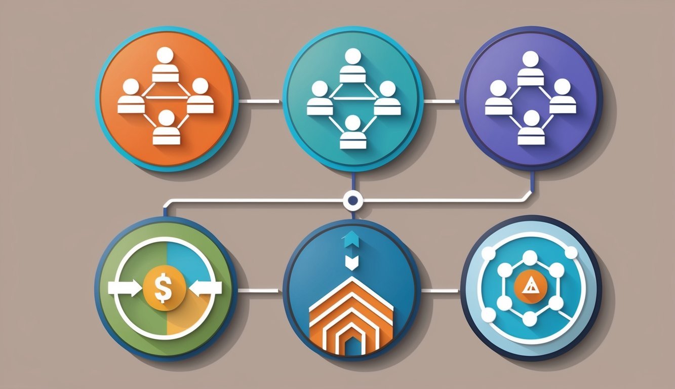 A group of six abstract symbols representing different leadership development programs, arranged in a circular pattern with lines connecting them