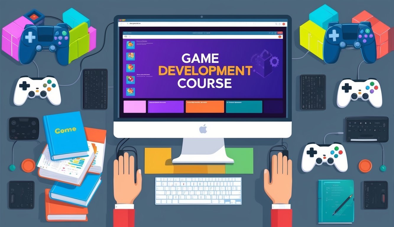 A computer with six game development course tabs open, surrounded by game controllers and programming books