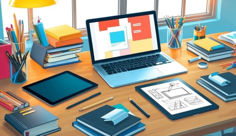 Laptop, tablets, books, and pencils on a desk, creative workspace