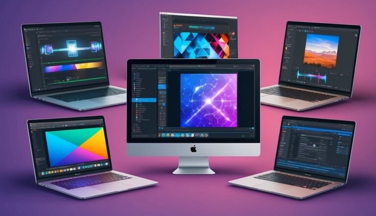 Multiple laptops and an iMac displaying video editing software interfaces