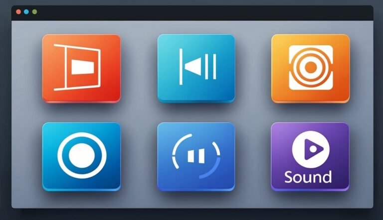 Sound control icons on a computer screen, including play, pause, and volume