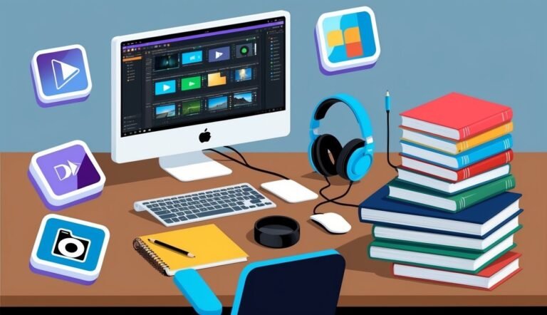 Desktop setup with computer, headphones, books, and video editing software