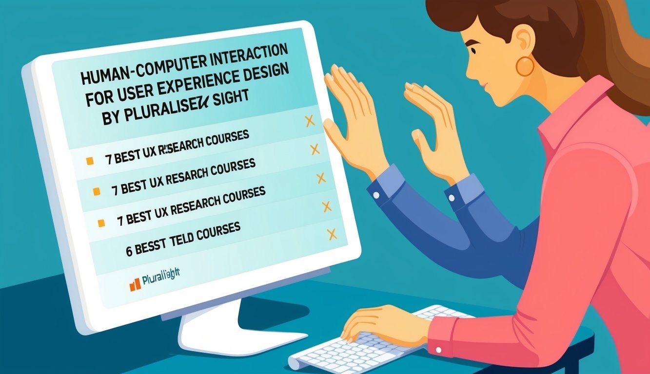 A person interacting with a computer screen displaying a list of "Human-Computer Interaction for User Experience Design by Pluralsight 7 Best UX research courses."