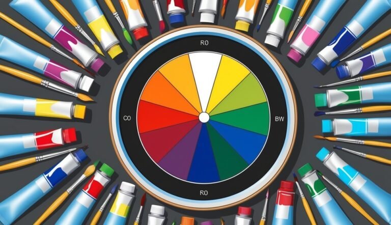 Color wheel surrounded by paint tubes and brushes on a dark background