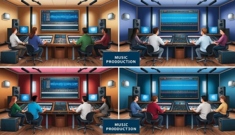 Four music producers working in a studio with mixing consoles and screens