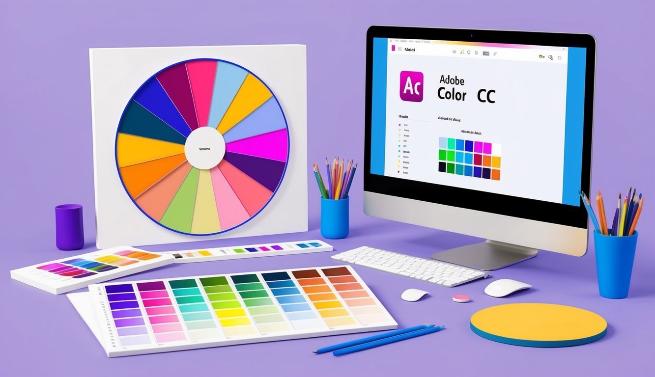 A colorful palette with various swatches and color wheels, accompanied by a computer screen displaying Adobe Color CC