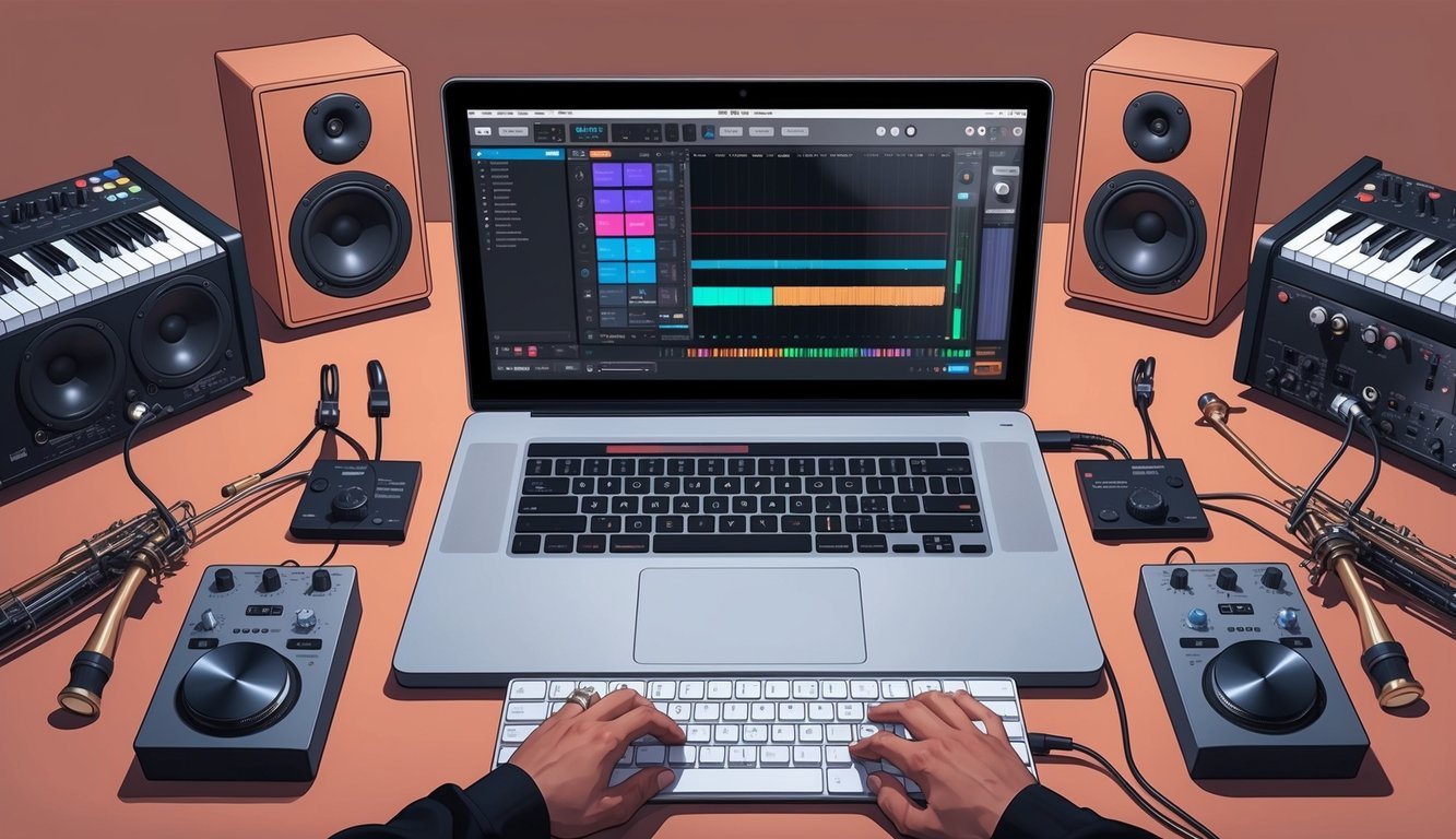 A computer with music production software open, surrounded by audio equipment and instruments