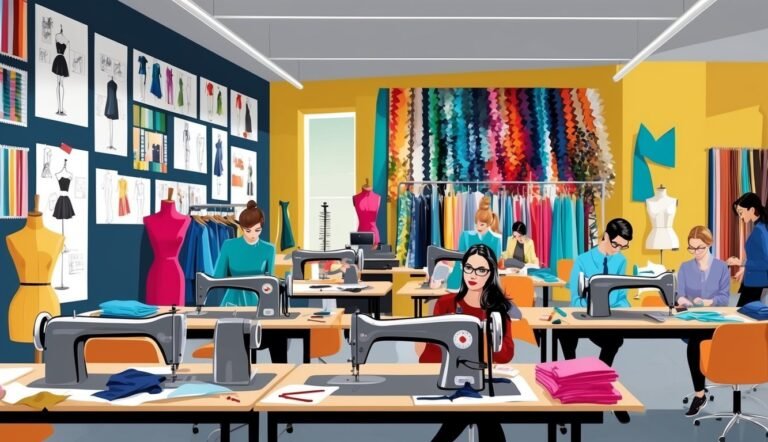 Fashion design studio with people sewing, mannequins, and fabric samples