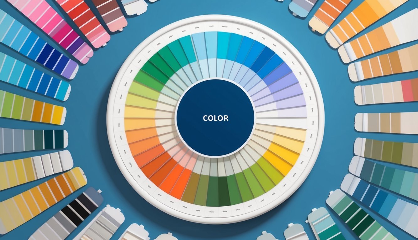 A color wheel surrounded by various paint swatches and mixing palettes, with different hues and shades displayed in an organized and visually appealing manner