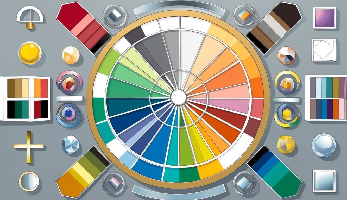 A color wheel surrounded by various design elements, each showcasing different color combinations and harmonies