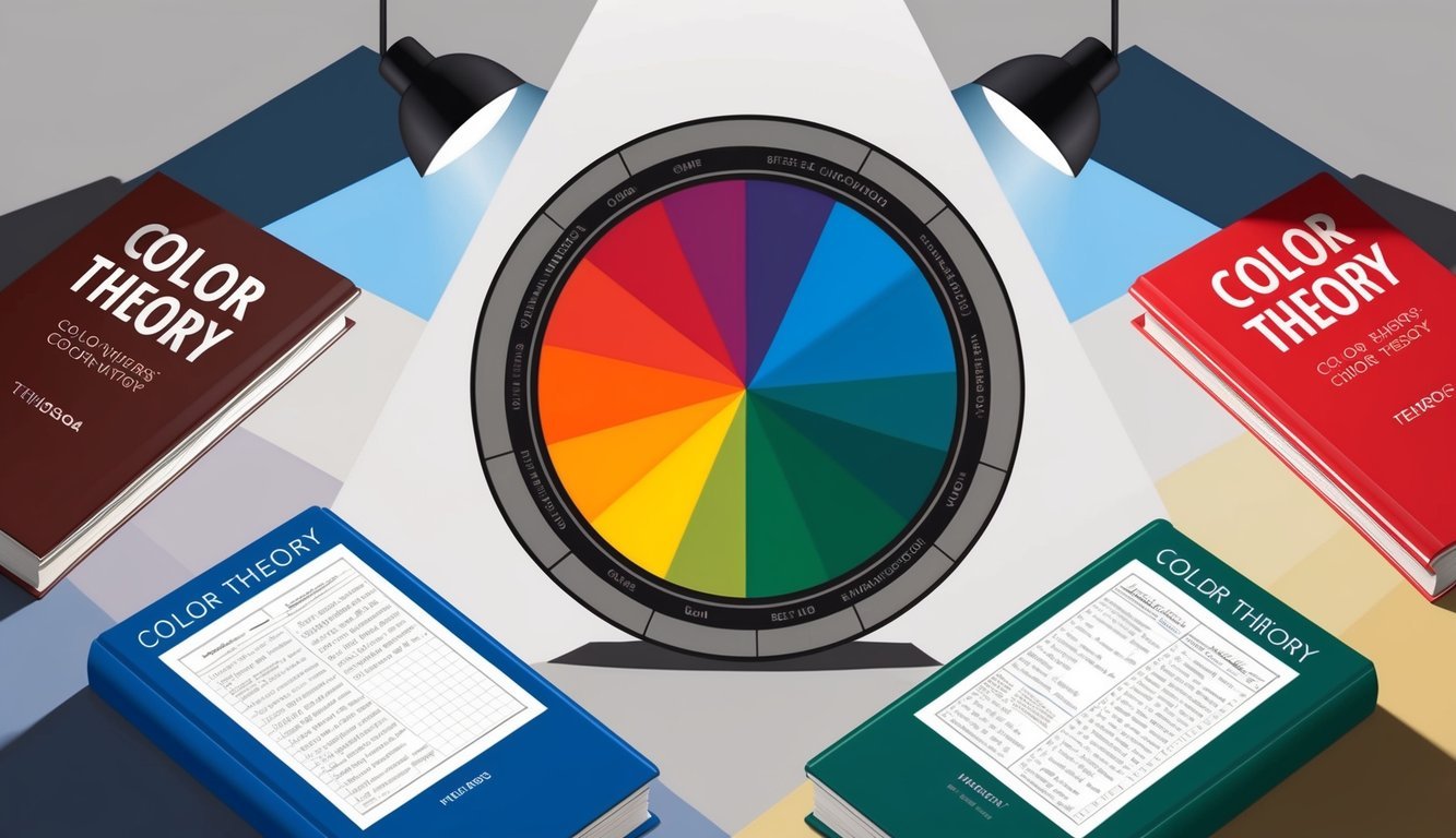 A color wheel surrounded by four different color theory textbooks with a spotlight shining on them