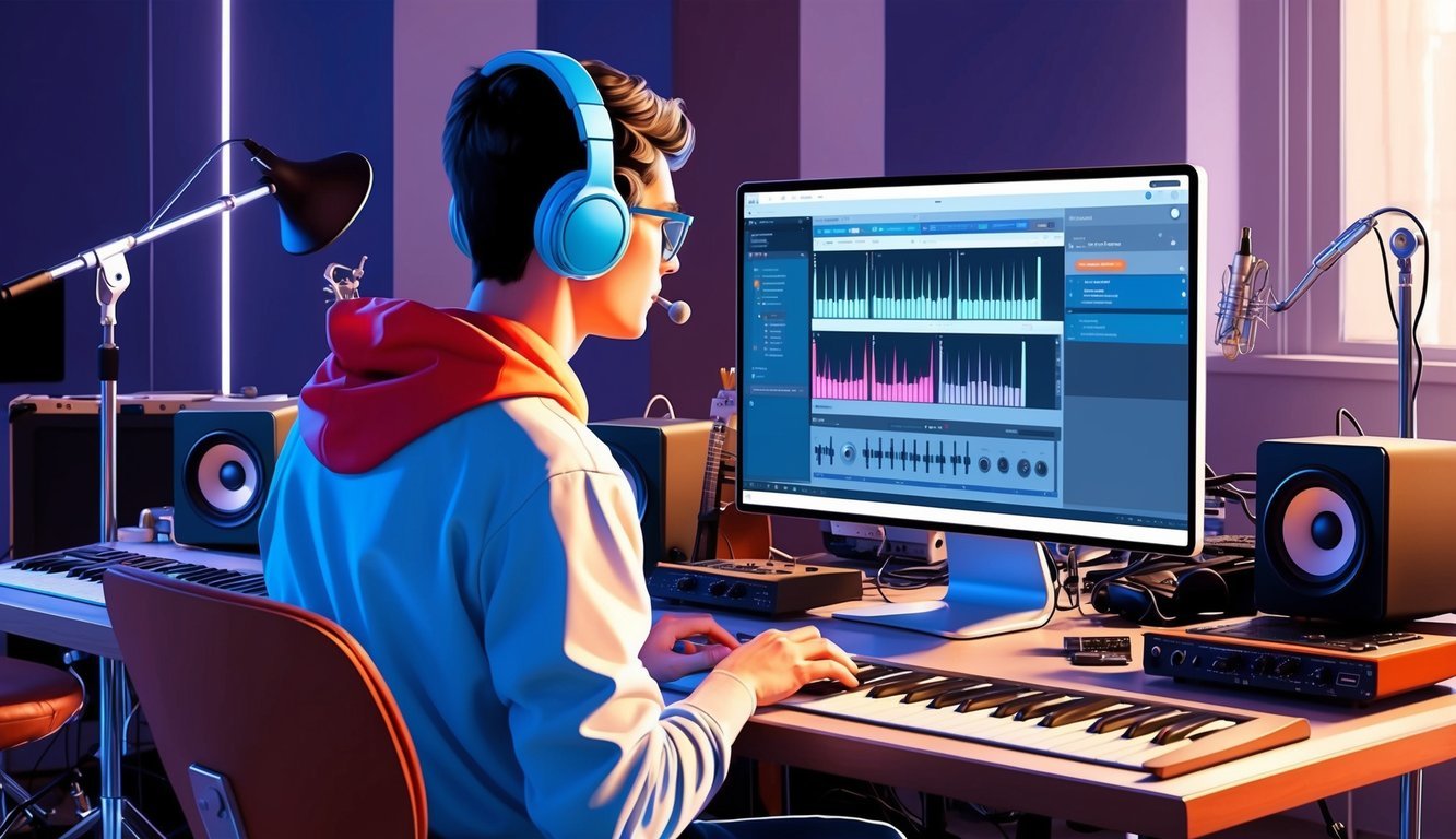 A person sitting at a computer with headphones on, surrounded by musical instruments and equipment, watching online tutorials for music production