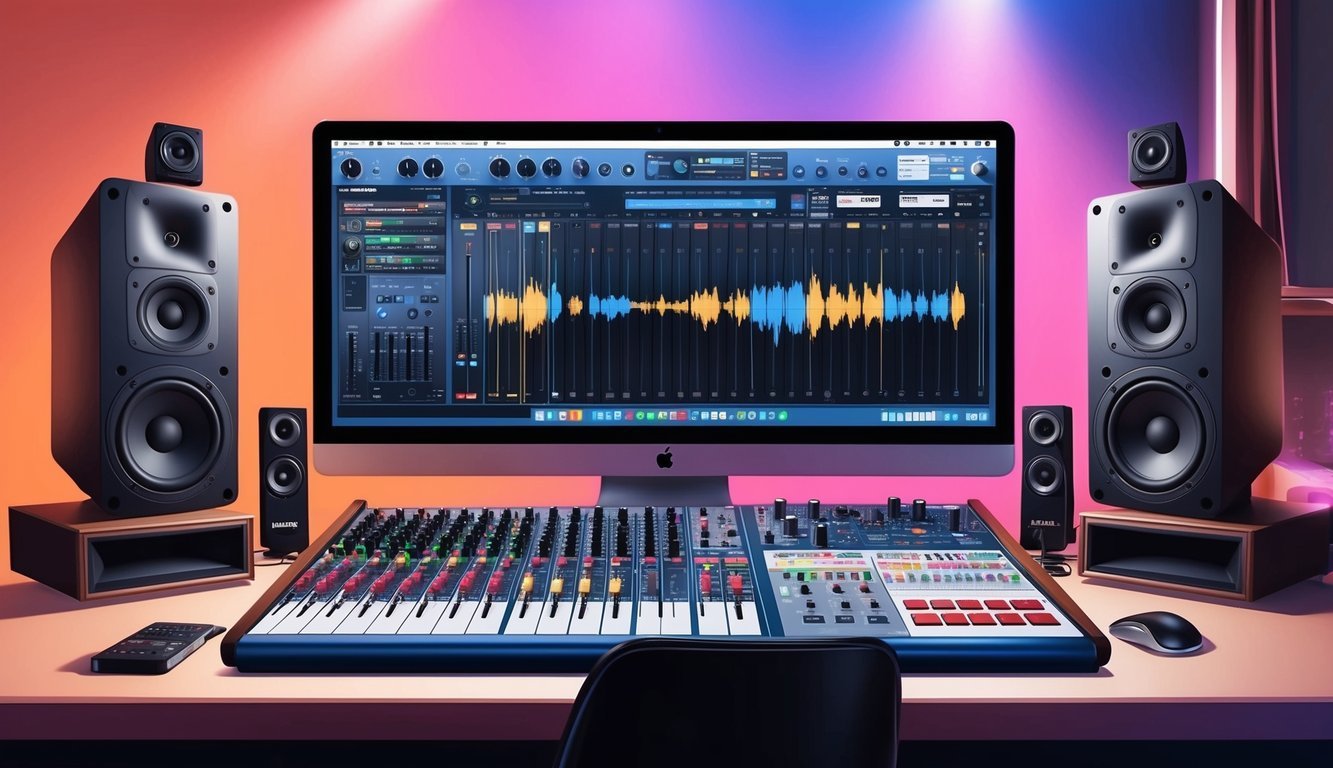 A studio setup with mixing board, speakers, and computer displaying music production software