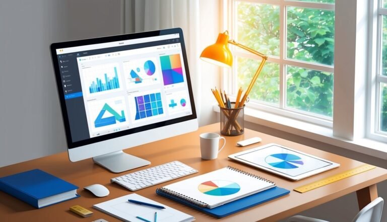 Desk with computer displaying charts, lamp, and other office supplies