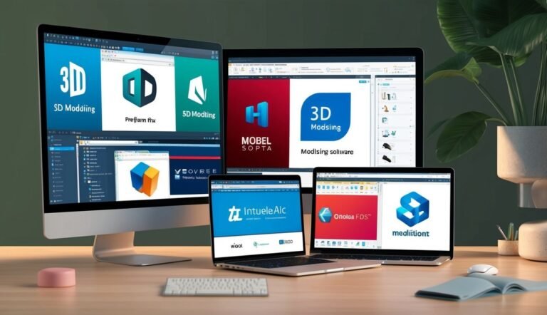 Multiple computer screens displaying 3D modeling software logos and interfaces on a desk