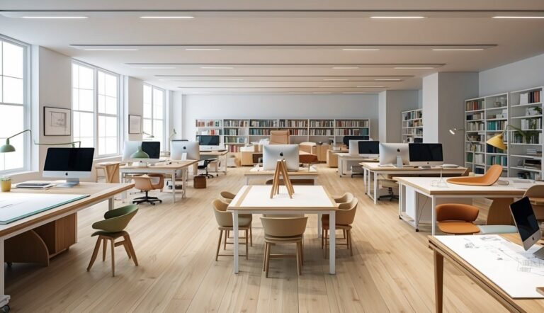 Bright, modern office space with desks, computers, and bookshelves