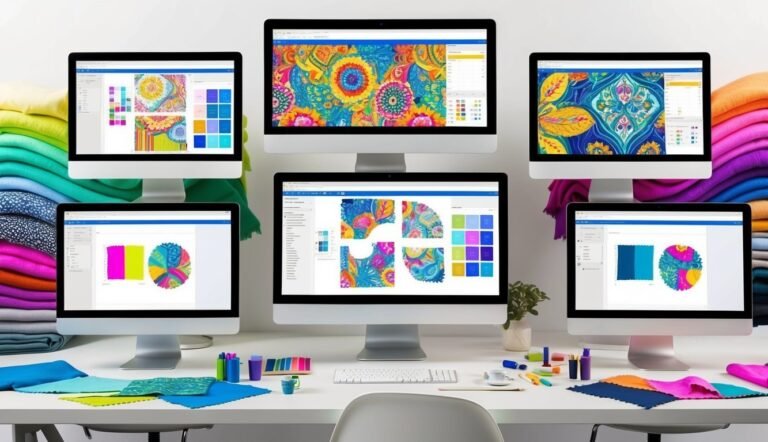 Five computer monitors displaying fabric design software on a white desk
