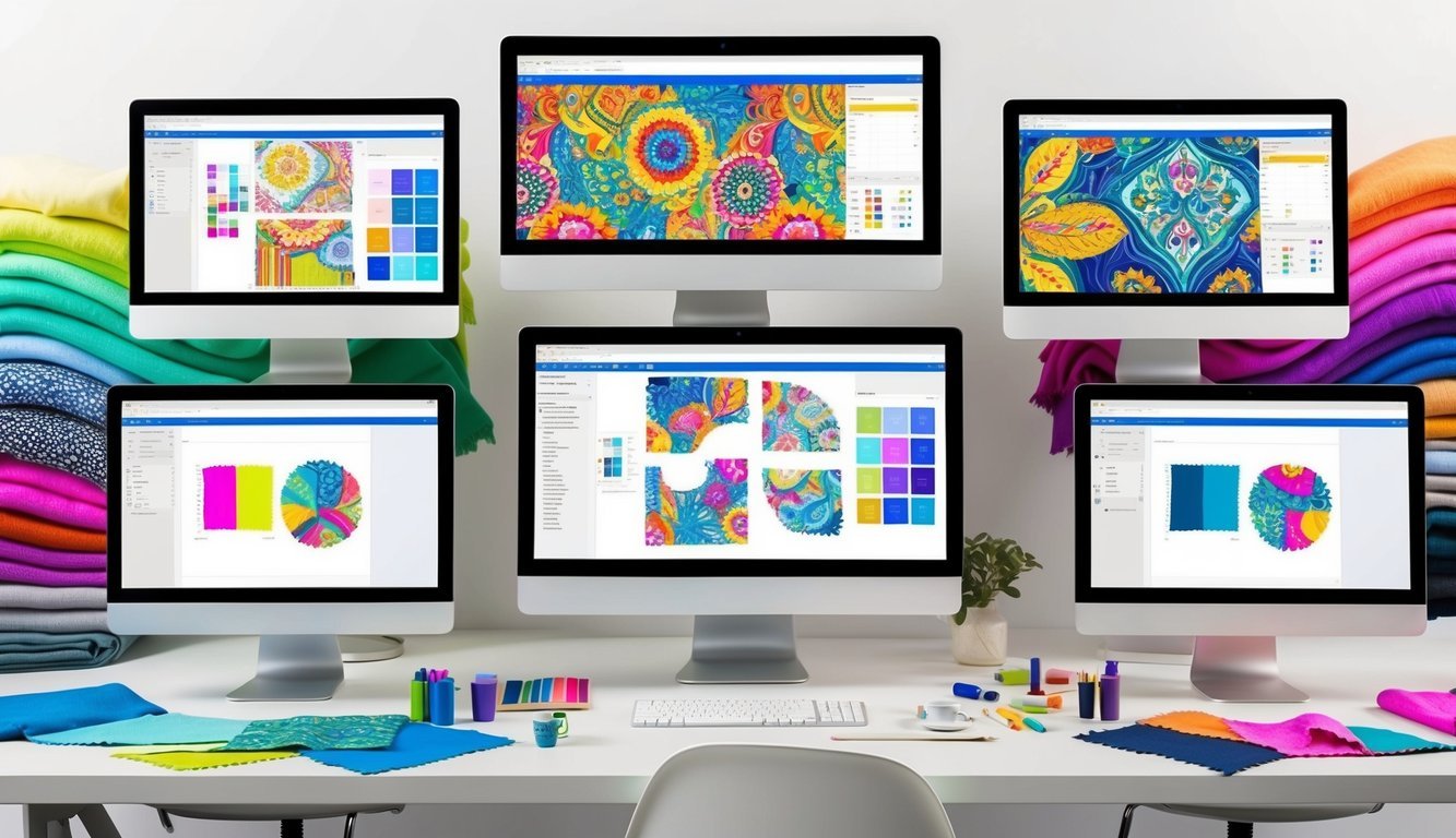 Six computer screens display textile design programs in a modern studio.</p><p>Bright colors and intricate patterns fill the screens, surrounded by design tools and swatches of fabric