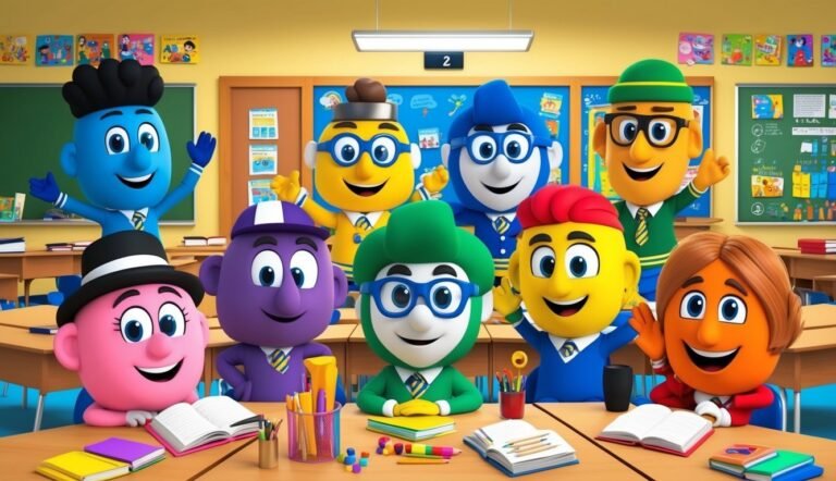 Cartoon students of different colors in a classroom, smiling and waving